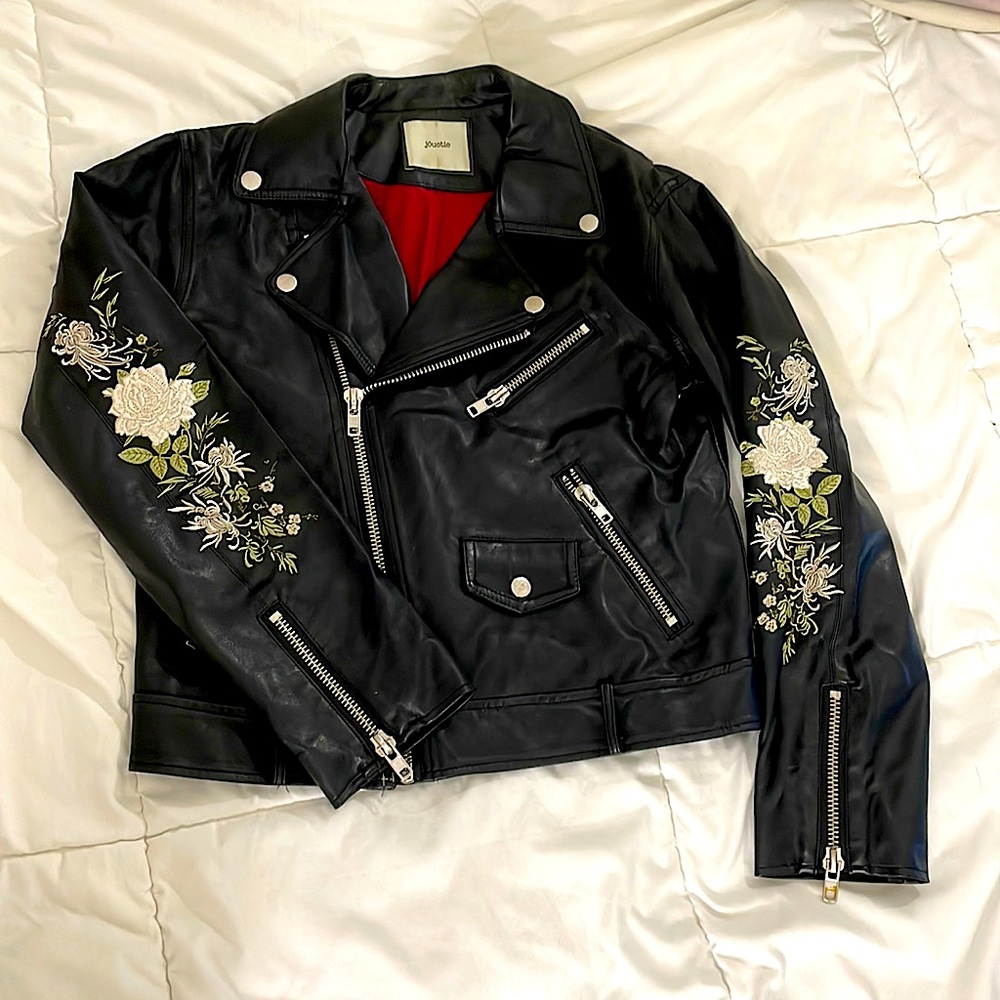 Floral Detail Faux Leather Jacket